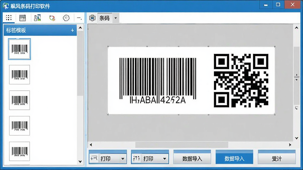 飚风条码打印软件主界面全貌展示,画面中央是软件操作窗口,左侧为标签模板列表,右侧为条码编辑画布,画布上显示清晰的一维条码和二维码图案,窗口下方排列着打印设置与数据导入按钮,整体布局整齐,采用蓝色与白色商务风格配色,界面干净简洁,画质清晰,无多余元素