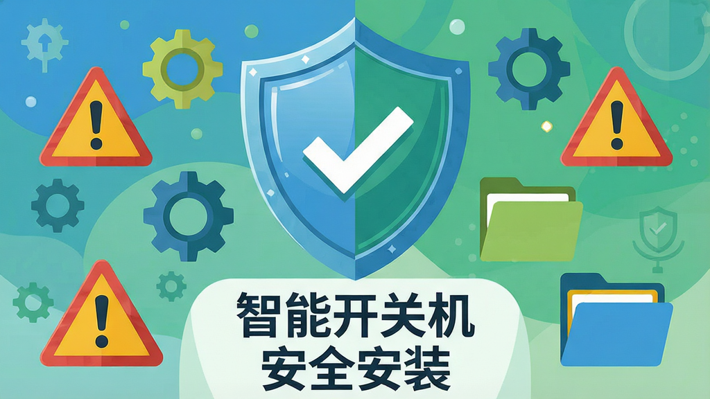 一幅展示电脑软件安装避坑指南的插画,画面中央是一个盾牌图标,盾牌上有一个勾选标记,周围环绕着警告三角形、齿轮、文件夹等图标。盾牌下方有一行文字“智能开关机”和“安全安装”字样。布局采用中心对称,盾牌占据主要位置,警告图标分布在两侧。风格为扁平化安全主题插画,色调以蓝色、绿色和黄色为主。细节包括盾牌的高光、警告三角形的感叹号、文件夹的标签。画质清晰,无杂乱元素,适合软件安全提示配图。