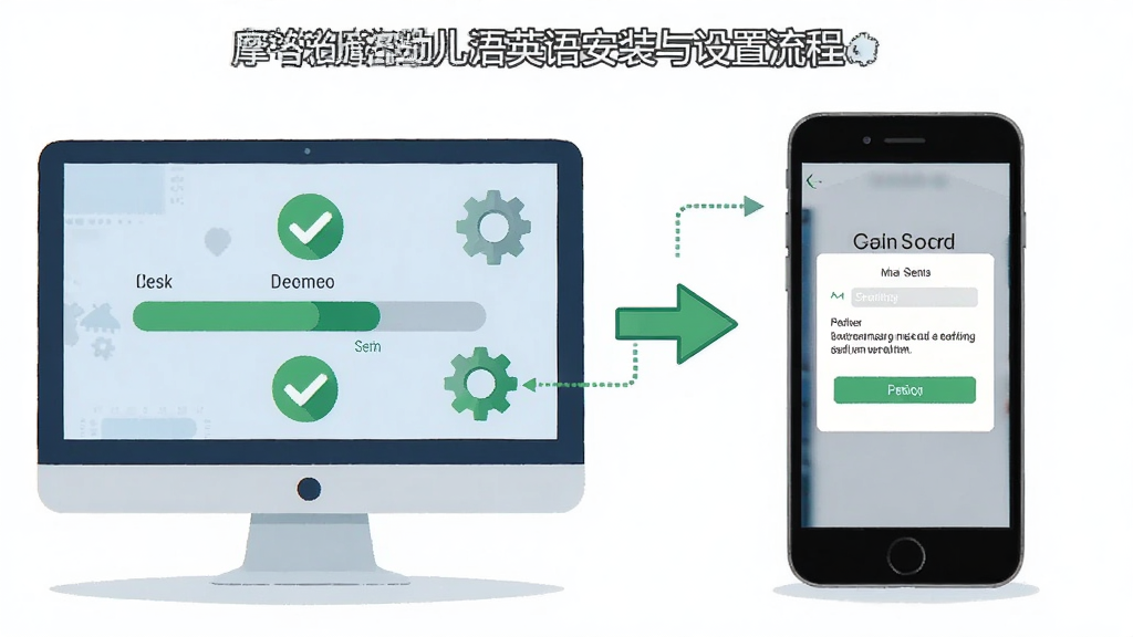 摩洛幼儿英语安装与设置流程图,主体为电脑和手机两个设备并排展示,屏幕上分别显示安装进度条和权限设置界面,布局为左右对比式,排版清晰,风格为扁平化科技插画,细节包括绿色对勾图标、齿轮设置图标、箭头引导线,画质高清,画面干净,无多余元素