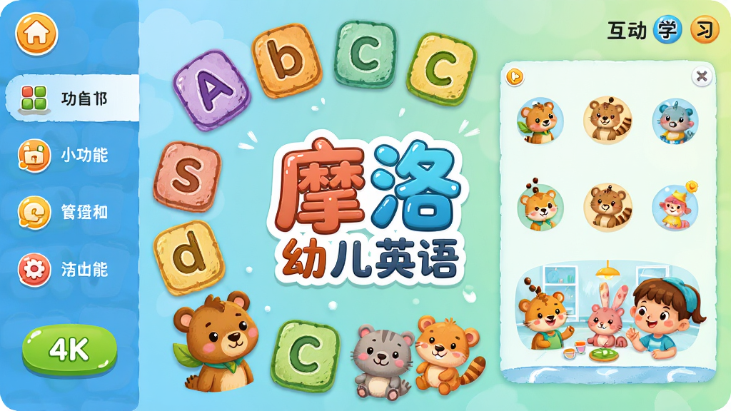 软件主界面展示,画面中央是卡通风格的摩洛幼儿英语标志,周围环绕着色彩鲜艳的字母卡片、小动物角色和儿童学习场景,布局采用左右分栏设计,左侧为功能导航,右侧为互动学习区域,排版清晰有序,整体风格为活泼可爱的儿童教育插画风,细节包括圆润的按钮、柔和的渐变背景、手绘质感的图标,画质为高清4K,干净整洁,无多余元素