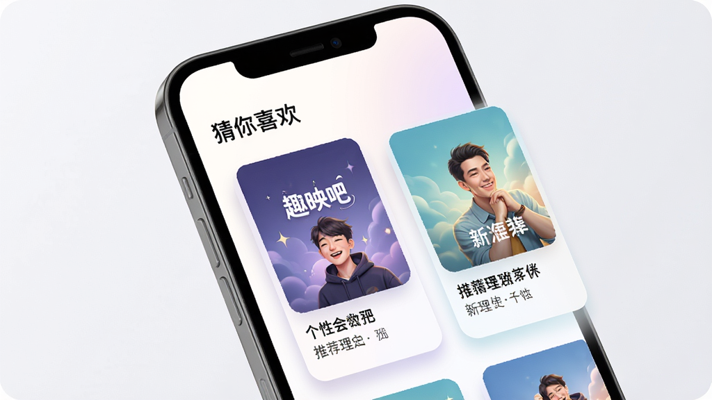 趣映吧个性化推荐页面展示图,主体为手机屏幕显示“猜你喜欢”推荐模块,布局为顶部标题加下方横向滑动卡片列表,排版错落有致,风格为柔和圆角设计,细节上卡片带有渐变阴影、封面图精美、推荐理由文字简短,画质为高清、干净无多余元素。