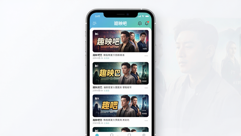 趣映吧短剧应用界面展示图,主体为一部智能手机竖屏放置,屏幕中显示趣映吧App首页推荐短剧瀑布流布局,包含多张色彩鲜艳的短剧封面海报,布局采用居中构图,排版整洁有序,风格为现代简约科技感,细节上手机边框圆润、屏幕高光自然、海报内容清晰可辨,画质为4K超清、干净无多余元素。
