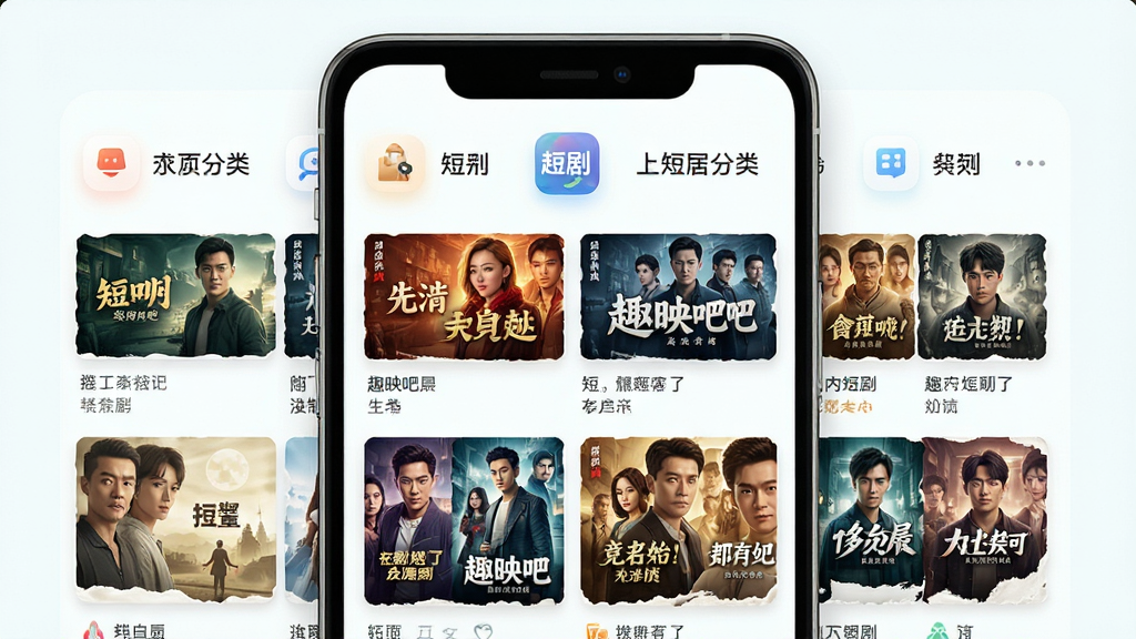 趣映吧App内短剧分类页面展示图,主体为手机屏幕显示多个短剧分类标签和对应封面列表,布局为上下结构,上方为分类导航栏,下方为双列短剧海报网格,排版整齐清晰,风格为清新浅色系,细节上分类图标精致、海报图片色彩丰富、文字清晰,画质为高清、干净无多余元素。