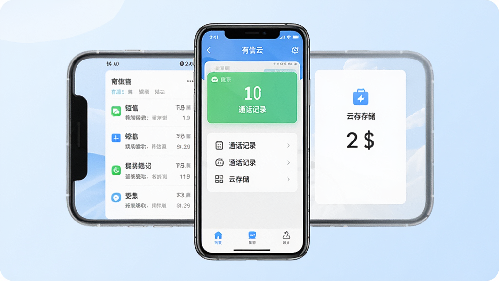 一张展示有信云软件主界面的图片,画面中央是手机屏幕,屏幕内显示有信云应用首页,包含短信列表、通话记录和云存储入口三个主要功能模块,界面简洁现代,背景为淡蓝色渐变,整体风格干净清爽,画质清晰,无多余元素