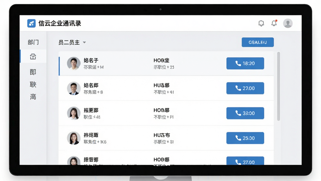 一张展示有信云企业通讯录界面的图片,屏幕中显示按部门分类的员工列表,每个条目包含姓名、职位和快捷通话按钮,界面配色为白色与浅灰色,风格专业简洁,画质清晰,干净无多余装饰