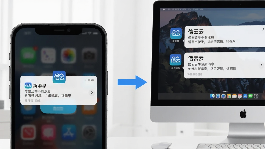 一张表现多设备消息同步的图片,画面左侧是手机显示有信云新消息弹窗,右侧是电脑屏幕显示相同消息内容,两者之间有同步箭头连接,背景为浅色办公环境,风格写实,画质清晰,无多余元素