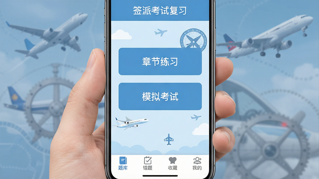 手机屏幕竖版展示民航签派考试复习应用主界面,顶部标题栏写