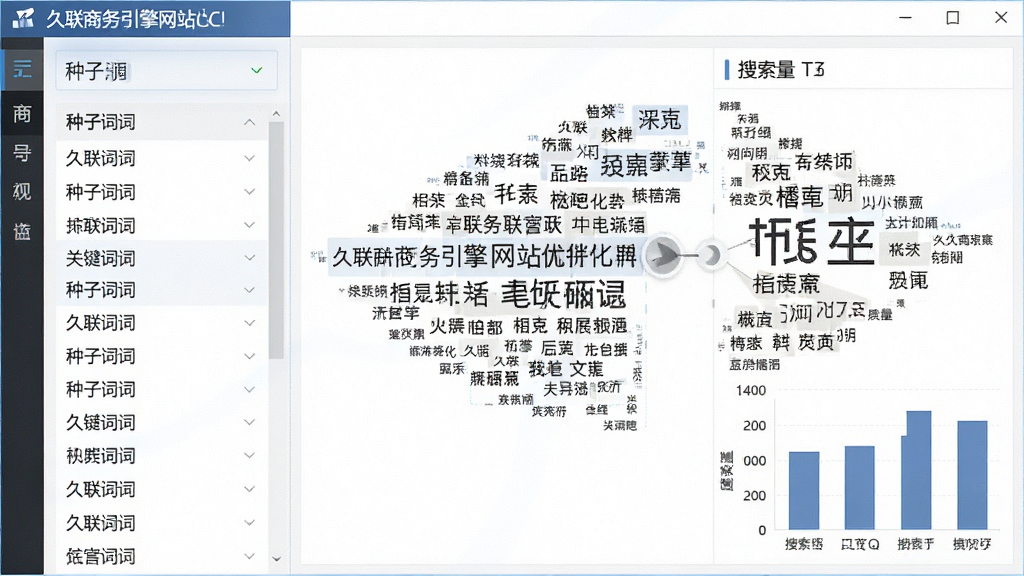 一张展示久联商务引擎网站优化软件关键词拓展功能的图片,画面中软件界面左侧列出种子词,右侧展开长尾词云与搜索量柱状图,风格简洁专业,细节清晰,画质干净,无多余元素