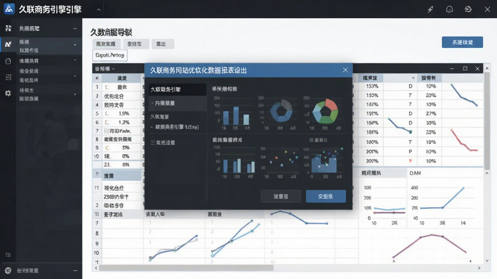 一张展示久联商务引擎网站优化软件数据报表导出功能的图片,画面中软件界面弹出导出设置窗口,背景有表格预览,风格商务整洁,细节清晰,画质干净,无多余元素