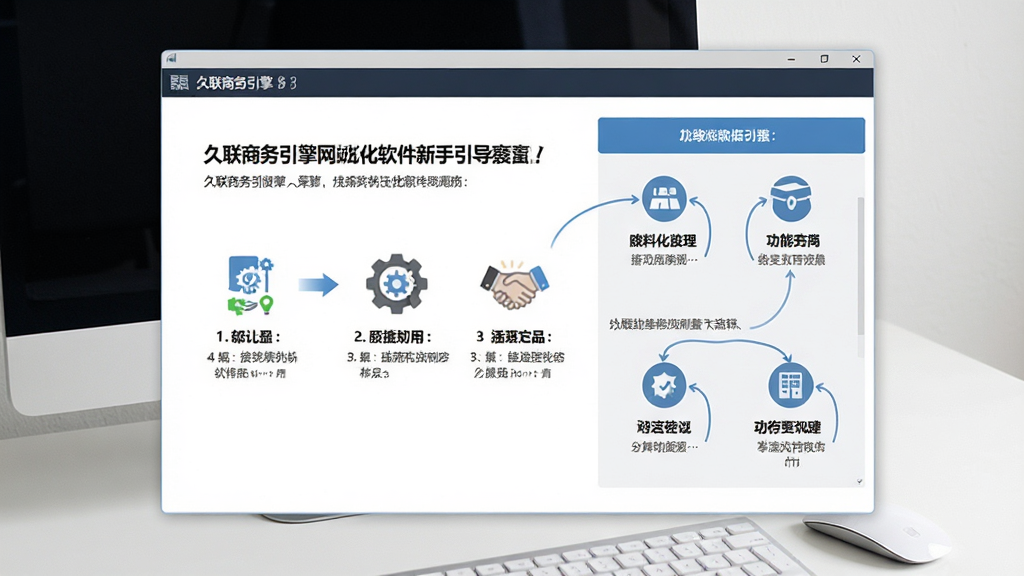 一张展示久联商务引擎网站优化软件新手引导界面的图片,画面中软件窗口显示步骤提示与功能分区标注,背景为干净桌面,风格简洁明了,细节清晰,画质干净,无多余元素