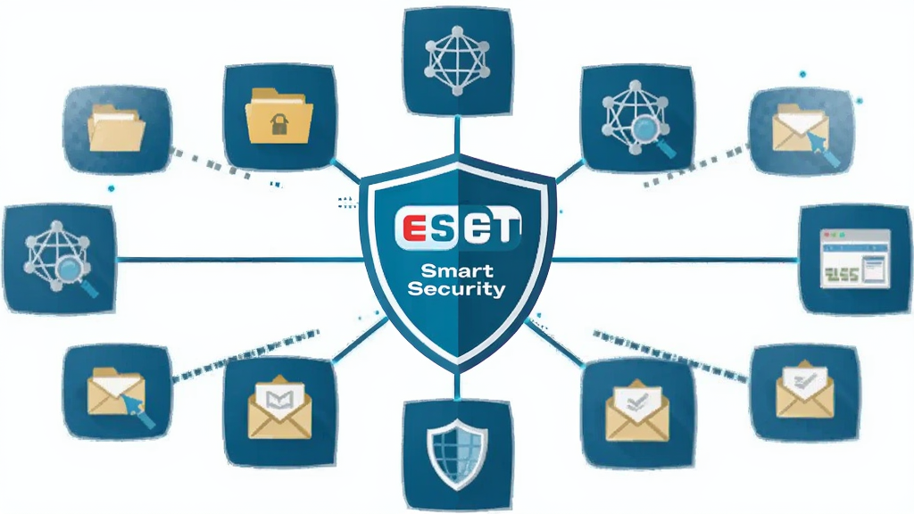一张展示ESET Smart Security多层防护架构的图片,主体是盾牌与多个防护模块图标环绕,布局为中心盾牌向外辐射连接线,排版呈圆形放射状,风格为扁平化科技风,细节包括文件、网络、网页、邮件图标,画质清晰,干净,无多余元素