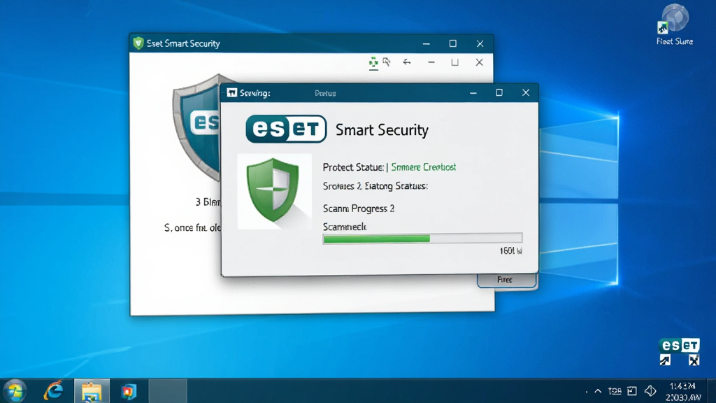 一张展示ESET Smart Security在Windows电脑上运行状态的图片,主体是桌面右下角任务栏图标与主界面弹窗,布局为屏幕截图风格,排版自然,风格为真实使用场景,细节包括绿色盾牌图标、防护状态提示、扫描进度条,画质清晰,干净,无多余元素