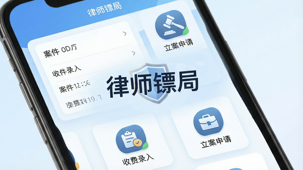 一张手机屏幕展示律师镖局应用主界面,界面中包含案件列表、收费录入、立案申请等功能模块图标,背景为简洁的浅蓝色渐变,画面中央清晰显示“律师镖局”软件名称,整体风格商务专业,画质清晰干净,无多余元素