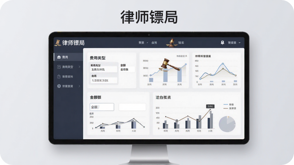 一张展示律师镖局收费录入界面的图片,屏幕上显示费用类型选择、金额输入框和汇总图表,背景为柔和浅灰色,画面中带有“律师镖局”名称,风格简洁现代,画质清晰