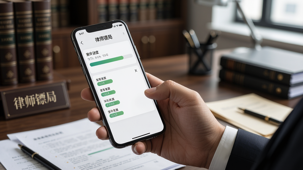 一张律师使用手机管理案件流程的场景图,手机屏幕显示案件进度条和状态标签,背景为律所办公桌,画面中带有“律师镖局”字样,风格写实商务,细节清晰,画质干净