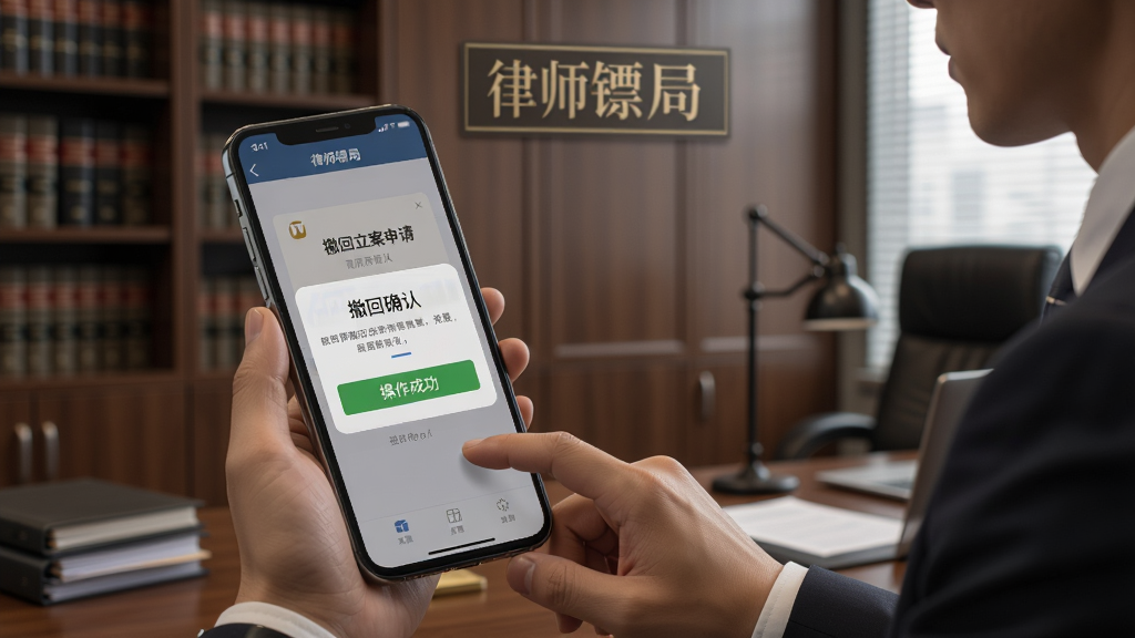 一张律师在手机上操作撤回立案申请的界面截图,屏幕显示撤回确认弹窗和操作成功提示,背景为律所办公室环境,画面中带有“律师镖局”字样,风格专业,画质细腻干净