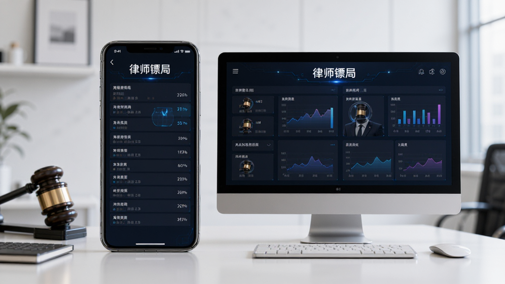 一张展示手机与电脑屏幕同步显示律师镖局案件数据的图片,两台设备并排摆放,屏幕内容一致,背景为简洁办公桌面,画面中带有“律师镖局”名称,风格科技商务,画质清晰干净