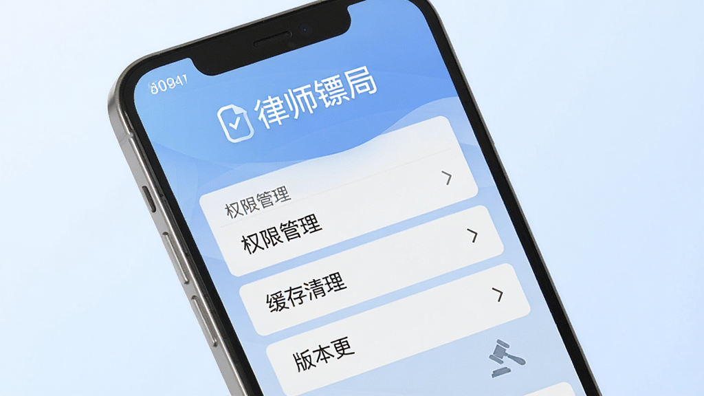 一张手机屏幕显示律师镖局设置界面的图片,界面中包含权限管理、缓存清理、版本更新等选项,背景为淡蓝色渐变,画面中带有“律师镖局”名称,风格简洁实用,画质清晰干净