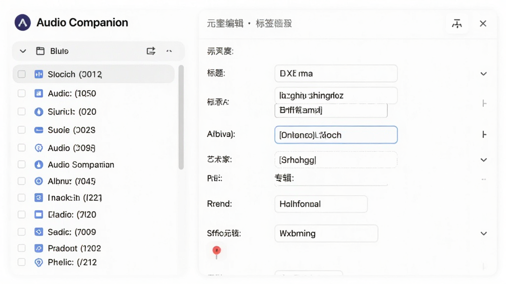 功能展示图,画面为 Audio Companion 的元数据编辑面板,左侧为文件列表,右侧为标签填写区域,包含标题、艺术家、专辑等输入框,部分输入框内已填入示例文字,界面风格为浅色主题,带有圆角卡片设计,背景为白色,画质清晰,干净,无多余元素
