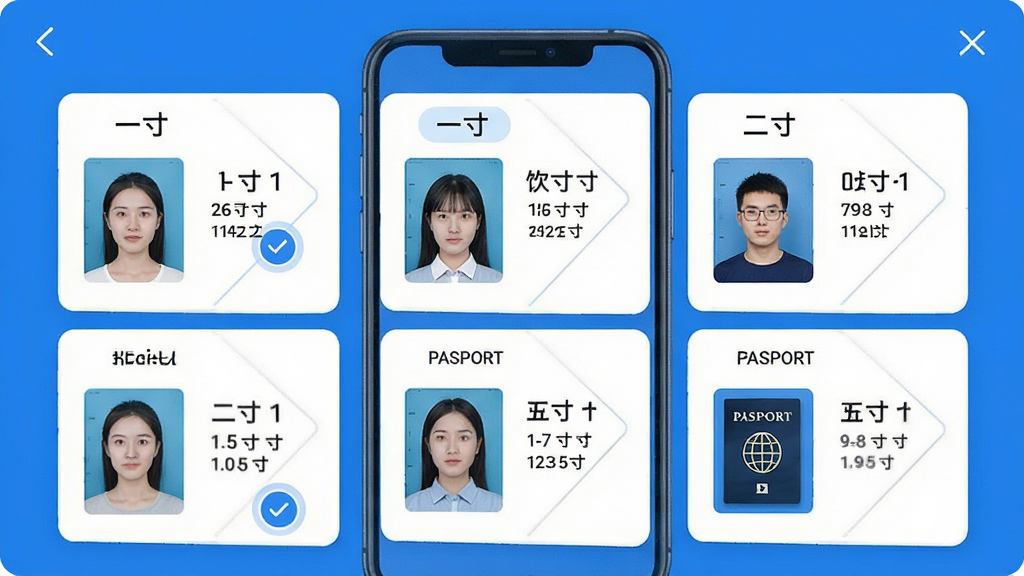 蓝底证件照尺寸模板选择界面,主体为手机屏幕显示多种证件照尺寸选项,布局为网格排列,排版整齐,风格为清新简约风,细节包括一寸、二寸、护照等尺寸标签、预览缩略图、选中状态高亮,画质高清,干净,无多余元素