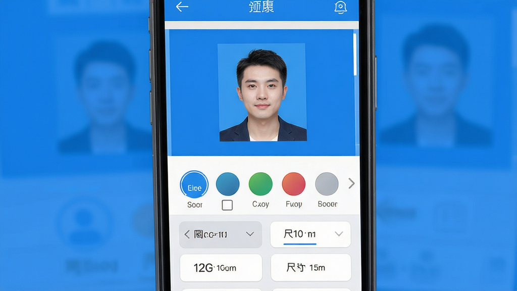 蓝底证件照软件主界面展示,主体为一部智能手机屏幕,屏幕上显示蓝底证件照制作界面,布局为上方是证件照预览区域,中间是背景颜色选择按钮,下方是尺寸规格选项,排版简洁清晰,风格为现代扁平化UI设计,细节包括蓝色背景的证件照示例、功能按钮图标、尺寸标注文字,画质高清,干净,无多余元素