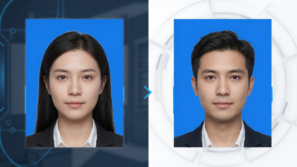 蓝底证件照智能抠图功能展示,主体为一张人物证件照从原背景变为蓝色背景的过程,布局为左右对比形式,左侧为原图右侧为蓝底效果图,排版居中,风格为科技感演示图,细节包括人物轮廓清晰、背景颜色均匀、边缘过渡自然,画质高清,干净,无多余元素