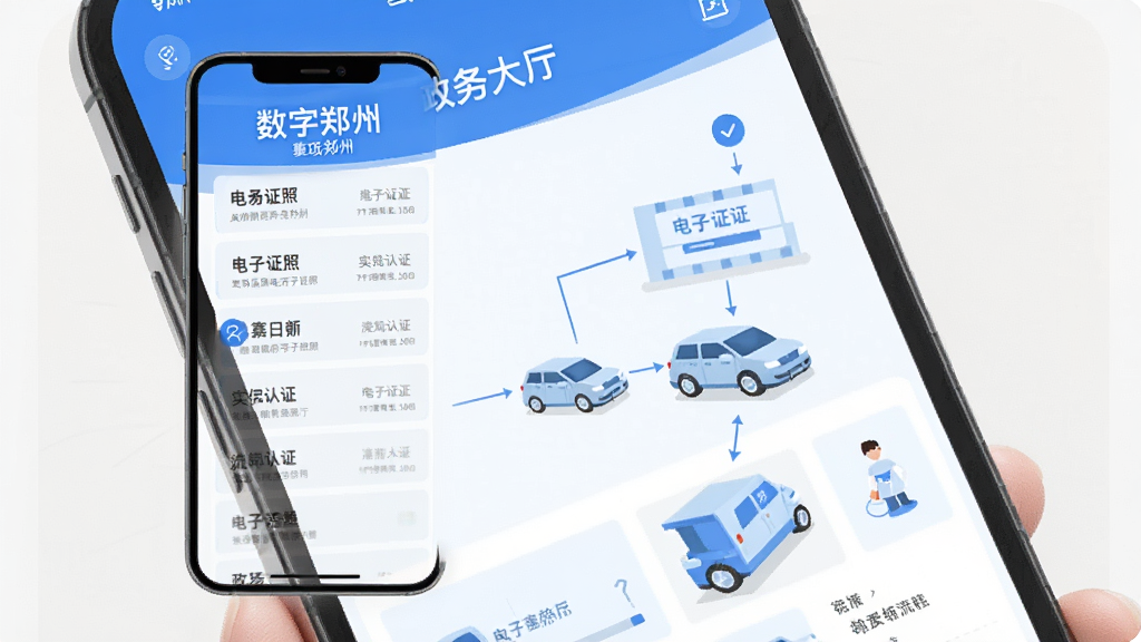 数字郑州 政务大厅 手机界面 事项列表 电子证照 实名认证 流程图 扁平化设计 蓝色主色调 布局清晰 画质干净