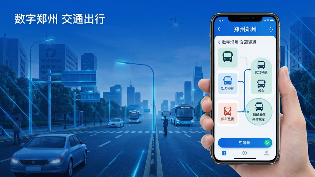 数字郑州 交通出行 实时公交 地铁导航 扫码乘车 停车缴费 手机界面 郑州街道 科技感 蓝色 干净 画质清晰