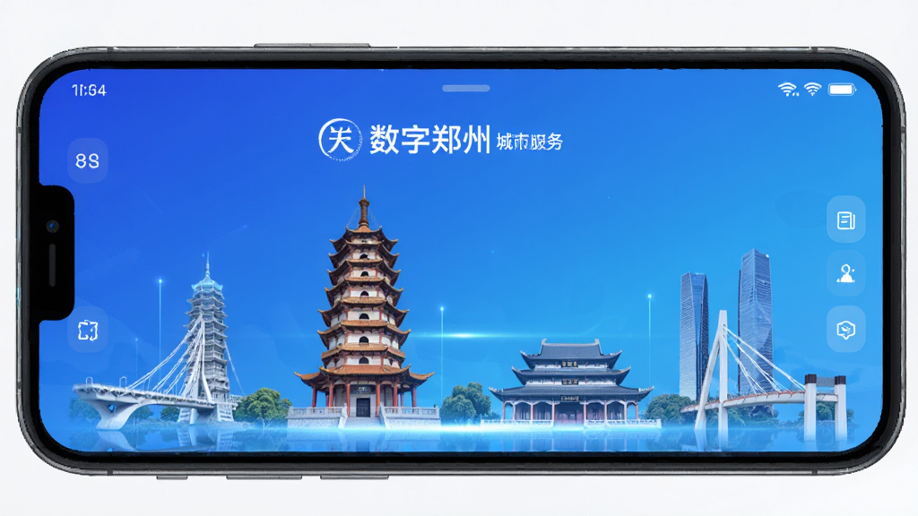 数字郑州 城市服务 应用界面 手机屏幕 郑州地标建筑 二七塔 科技感 蓝色渐变 背景 干净整洁 画质清晰 无多余元素