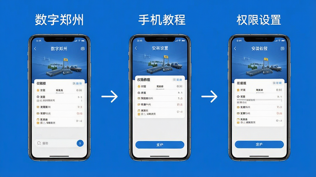 数字郑州 手机操作 安装教程 权限设置 界面截图 蓝色背景 步骤图 干净整洁 画质清晰