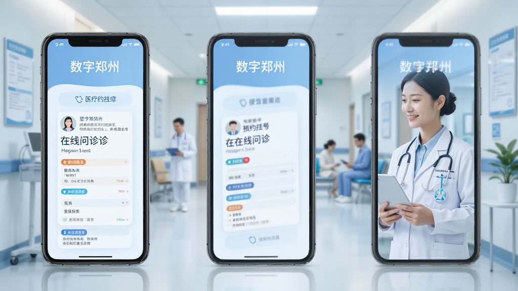 数字郑州 医疗健康 预约挂号 在线问诊 报告查询 手机界面 医院场景 柔和蓝色 干净 画质清晰 无多余元素