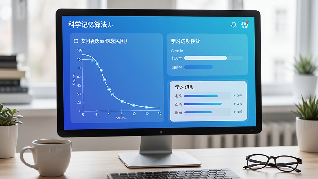 我爱背单词软件中科学记忆算法的可视化界面,屏幕上展示艾宾浩斯遗忘曲线图表和学习进度统计图,界面风格现代简洁,蓝色渐变色调,屏幕旁有咖啡杯和眼镜,办公桌面环境,高清画质,干净无多余元素