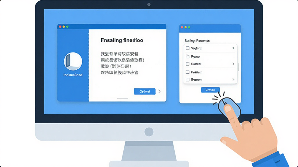 我爱背单词软件安装使用教程示意图,画面展示电脑屏幕上安装向导界面和设置选项,旁边有手指点击鼠标的动作,简洁明快的扁平化风格,蓝色和白色为主色调,高清画质,干净整洁,无多余元素