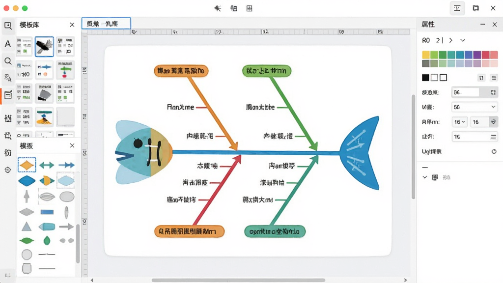 鱼骨软件主界面全貌展示,画面中央是一张正在编辑的彩色鱼骨图,主骨上有多个分支和子分支,节点文字清晰可见,左侧工具栏包含模板库和形状面板,右侧属性面板显示颜色和字体设置,界面风格简洁现代,浅色背景,高清画质,干净无多余元素