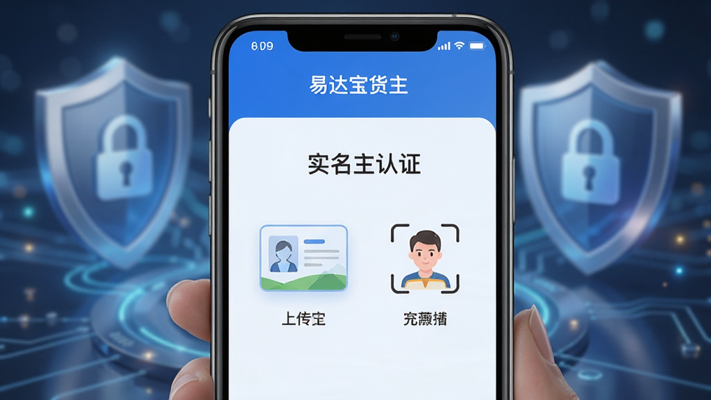 手机屏幕显示“易达宝货主”APP的实名认证页面,有身份证上传和人脸识别图标。画面风格为安全科技感,背景有盾牌元素,布局居中,细节清晰,画质干净,无多余元素。