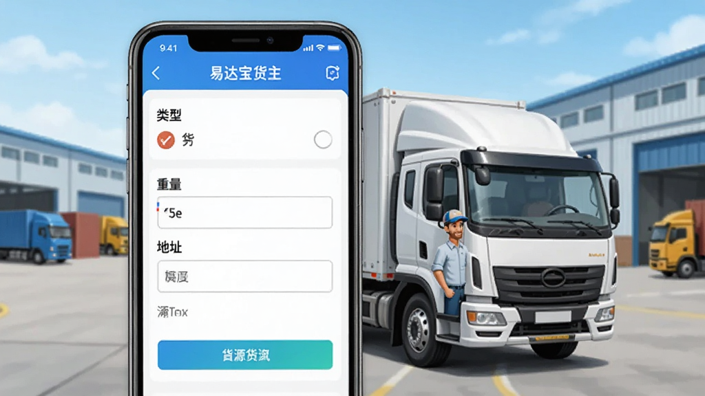 画面主体是一部手机,屏幕显示“易达宝货主”APP的货源发布界面,界面中有货物类型、重量、地址等填写栏。手机旁边有一辆货车和一位司机形象,背景是物流园区场景。整体风格为写实插画,布局居中,色彩明亮,细节清晰,画质干净,无多余元素。