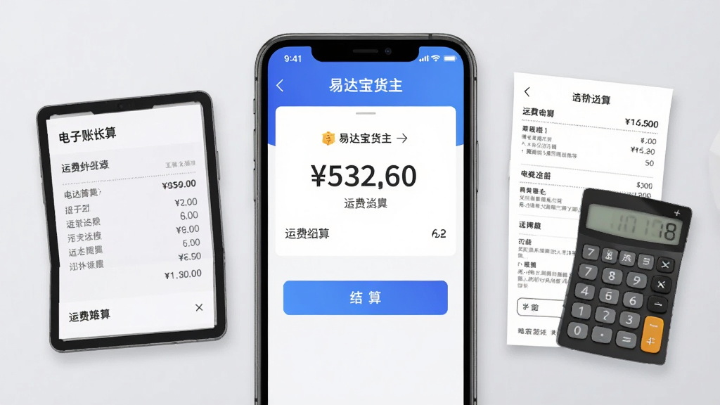 画面中央是“易达宝货主”APP的运费结算页面,显示金额和结算按钮,旁边有电子账单和计算器元素。整体采用商务简约风格,背景为浅灰色,布局整洁,细节精致,画质干净,无多余元素。