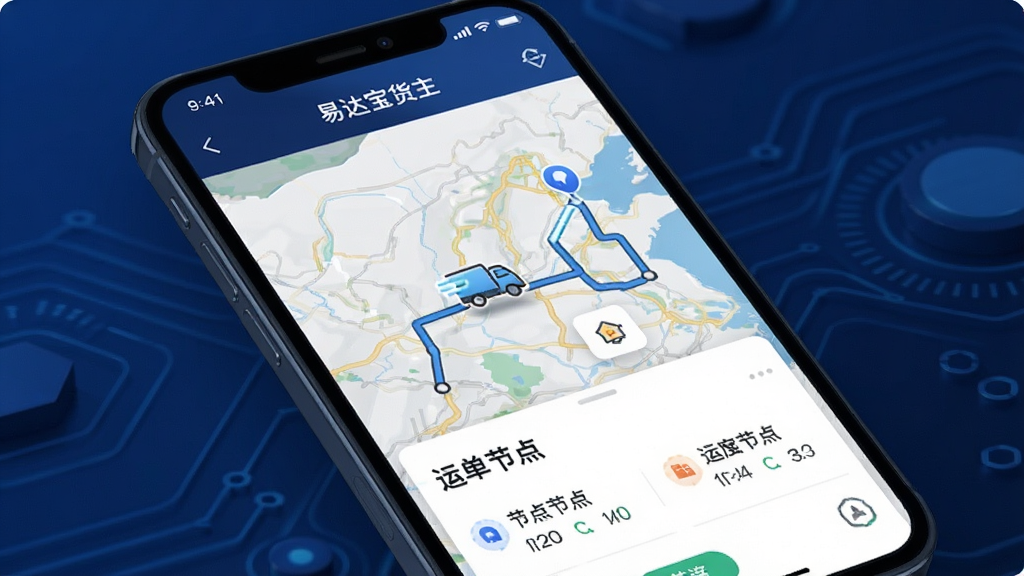 手机屏幕展示“易达宝货主”APP的运单跟踪地图界面,地图上有货车图标和运输路线,下方显示运单节点信息。画面风格为现代科技感,背景为深蓝色,细节清晰,画质干净,无多余元素。