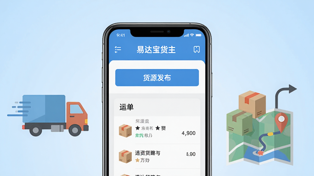 画面中央是一部智能手机,手机屏幕显示“易达宝货主”APP的首页界面,界面包含货源发布按钮和运单列表。手机两侧分别有货车、货物纸箱和路线地图的图标元素,背景为浅蓝色渐变。整体采用扁平化设计风格,布局简洁清晰,细节精致,画质干净,无多余元素。