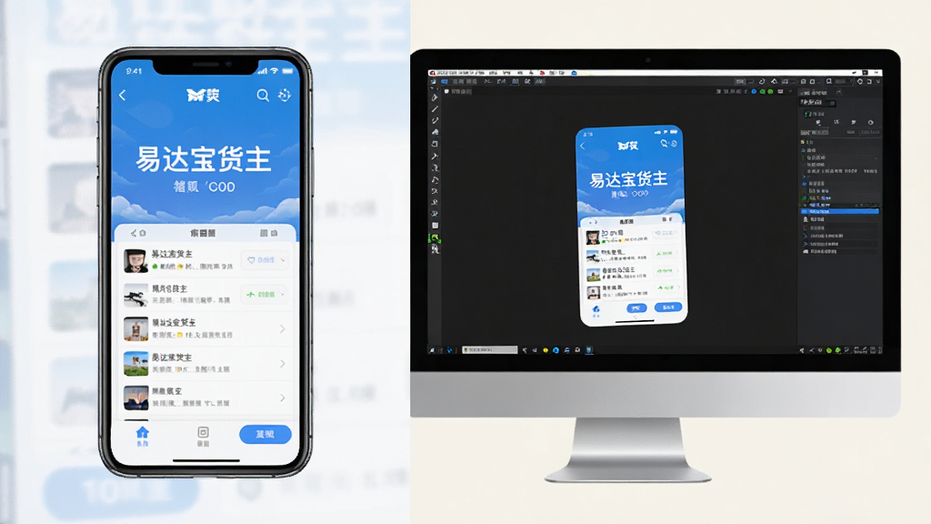 画面展示一部手机和一台电脑,手机屏幕显示“易达宝货主”APP界面,电脑屏幕显示安卓模拟器运行同一应用。画面风格为教程示意图,布局左右对比,背景为浅色,细节清晰,画质干净,无多余元素。
