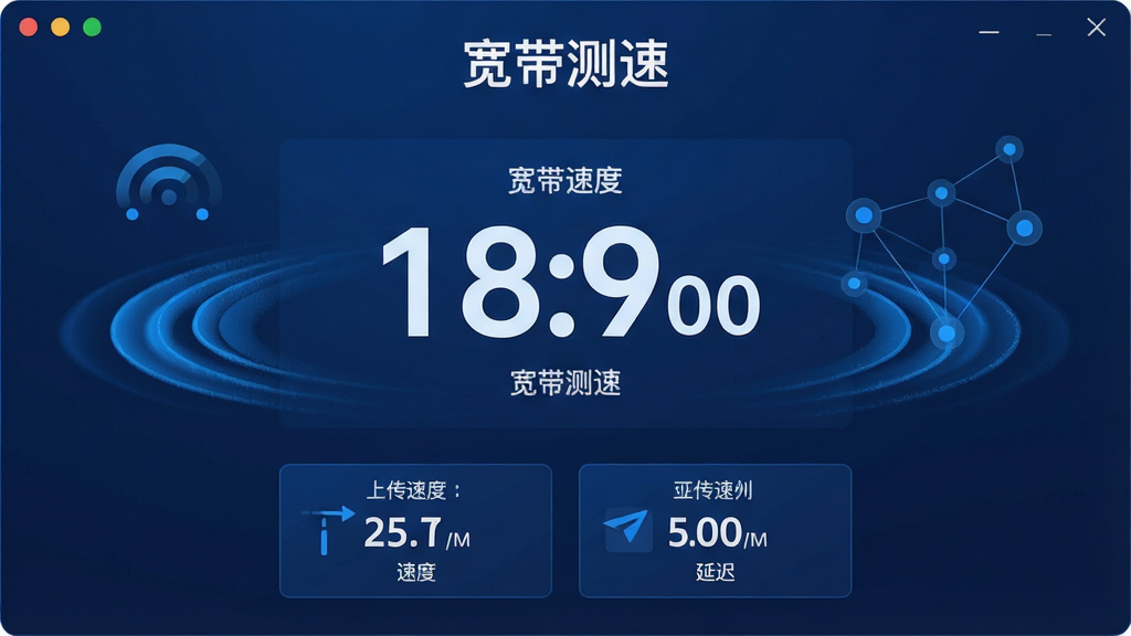 一个现代化的软件界面展示图,画面主体是宽带测速软件正在运行测速任务,中央大号数字显示实时下载速度,下方有上传速度和延迟的小型数据面板,布局采用上下结构,排版清晰明了,风格为极简科技感,细节包含蓝色主题色、动态波纹扩散动画效果、网络节点连接示意图,画质高清,画面干净,无多余元素,图片中文字为“宽带测速”