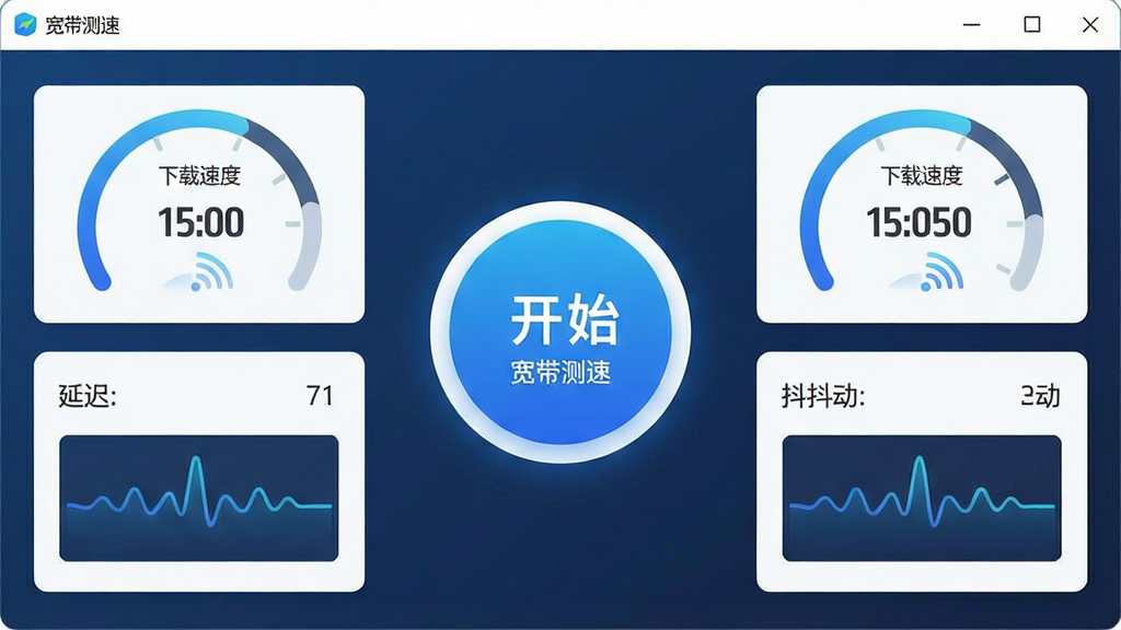 一个简洁现代的电脑软件界面截图风格,画面主体是宽带测速软件的主界面,中央有一个醒目的圆形开始测速按钮,周围环绕着下载速度、上传速度、延迟、抖动等数据仪表盘,布局清晰规整,排版采用卡片式信息展示,风格为扁平化科技风,细节包含蓝色渐变进度条、实时数字跳动效果、网络信号波形图,画质高清,画面干净,无多余元素,图片中文字为“宽带测速”