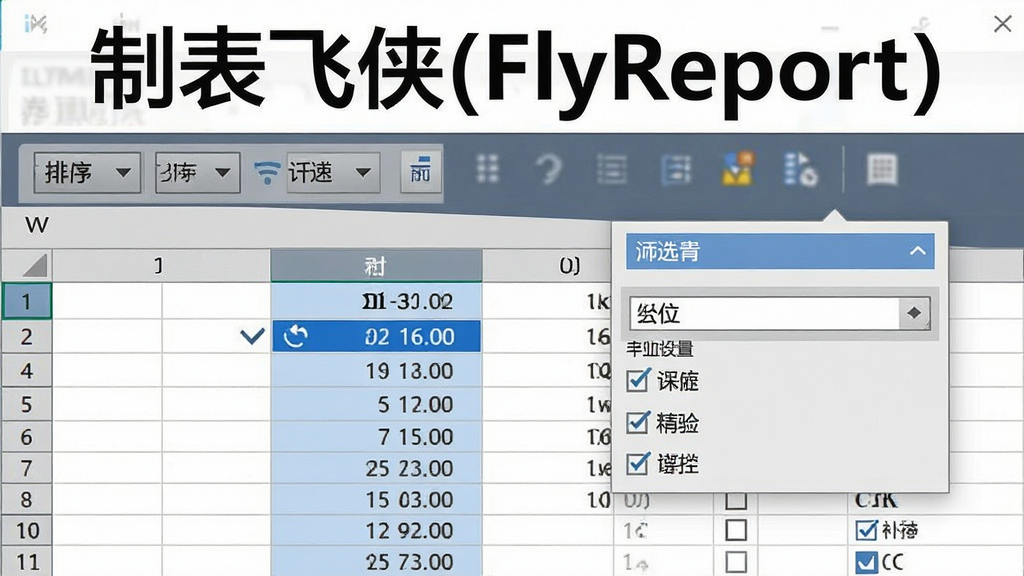 一张展示制表飞侠(FlyReport)数据整理功能的图片,画面中软件界面显示一张数据表格,表格上方有排序和筛选按钮,其中一列数据被选中并高亮显示,旁边弹出筛选条件设置框,整体布局为上方工具栏下方数据区,风格为办公软件界面,细节有下拉箭头和复选框,画质清晰干净,无多余元素,画面中写有“制表飞侠(FlyReport)”文字