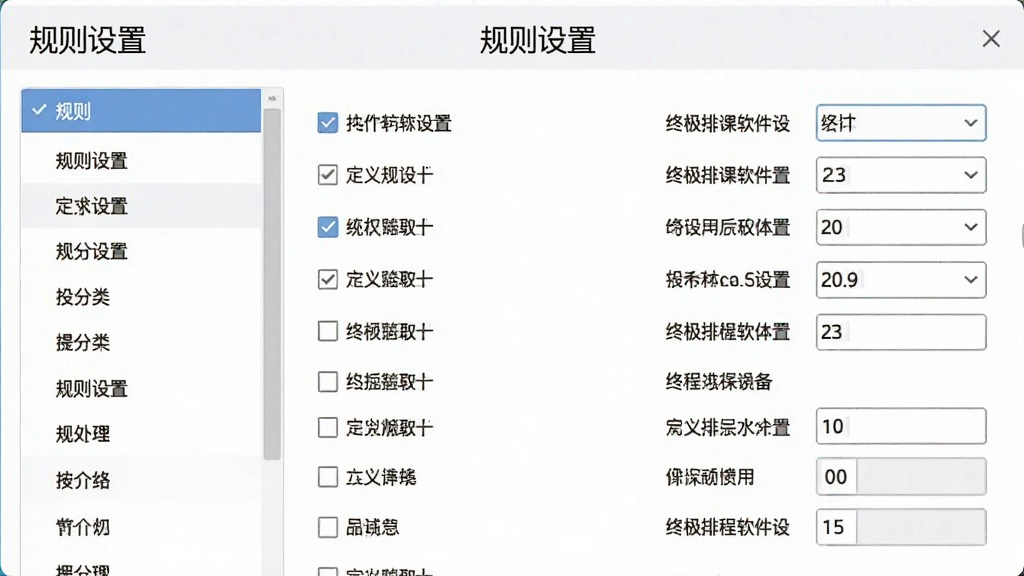 一幅展示终极排课软件规则自定义设置界面的图片,画面中包含多个复选框、下拉菜单和数值输入框,左侧为规则分类列表,右侧为详细参数设置区,风格简洁商务,画质清晰,文字标注“规则设置”