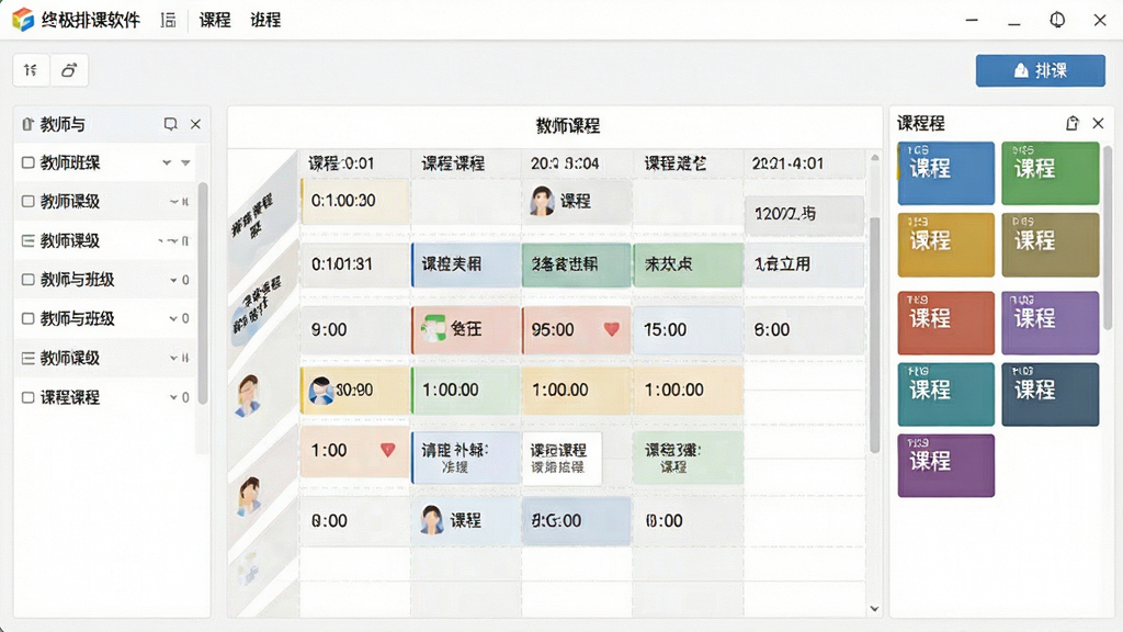 一张展示终极排课软件主界面的宽幅图片,画面中央是清晰的中文课表网格,左侧为教师与班级列表,右侧为课程色块拖拽区域,顶部有菜单栏和排课按钮,整体布局整齐,风格简洁专业,细节包含课程名称与时间标注,画质清晰,界面干净,无多余元素