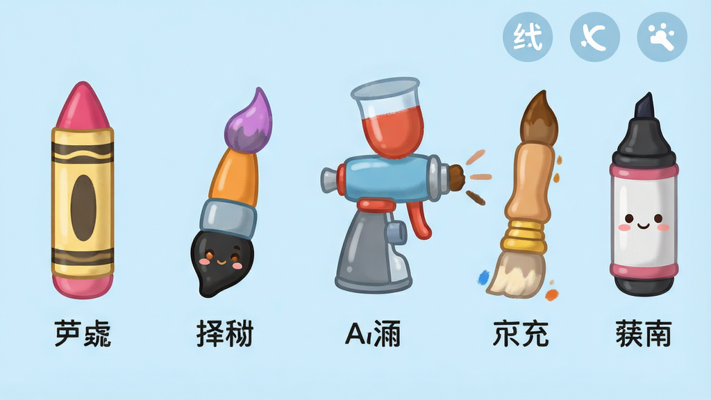 一张展示儿童绘画软件中各种画笔工具的图片,画面主体是软件界面中一排色彩缤纷的画笔图标,包括蜡笔、水彩笔、喷枪和马克笔,每个图标都设计成圆润可爱的卡通风格,背景是柔和的浅蓝色,布局为横向排列展示,风格清新童趣,细节处可以看到每个画笔旁边标注了简单易懂的中文名称,画质高清干净,无多余元素