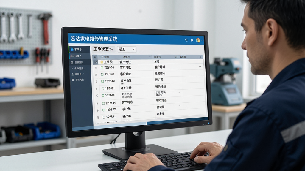 一名维修师傅在店内使用电脑查看“宏达家电维修管理系统”的派工界面,画面主体为显示器上的工单状态列表,布局为居中构图,风格为写实办公场景,细节包括工单编号、客户地址、预约时间等字段,画质清晰,干净,无多余元素