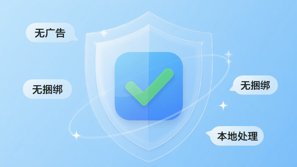 展示迷你PDF阅读器安全纯净特性的概念图,画面中央是软件图标被一个半透明的盾牌包围,盾牌上有一个对勾标志,背景是干净的浅蓝色渐变,周围环绕着“无广告”“无捆绑”“本地处理”等小标签,画质清晰,干净无多余元素