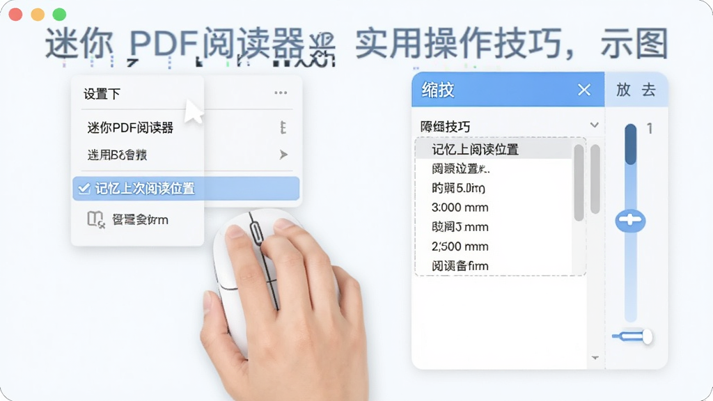 展示迷你PDF阅读器实用操作技巧的示意图,画面中一只手握着鼠标正在点击软件设置菜单中的“记忆上次阅读位置”选项,旁边有书签管理面板和缩放控制条,整体风格简洁明快,画质清晰,干净无多余元素