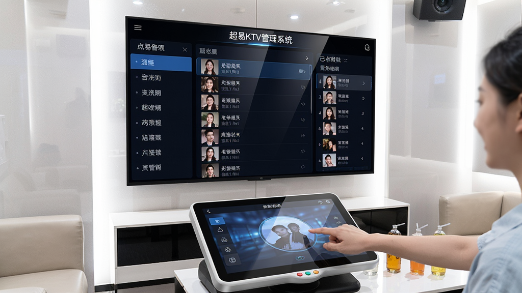 在明亮干净的KTV包厢内,一台大尺寸电视屏幕正显示“超易KTV管理系统”的点歌界面,屏幕左侧为歌曲分类,中间为歌曲列表,右侧为已点歌曲,画面下方有一台触摸屏点歌台,一名顾客正用手指点击屏幕,整体布局为左右分屏,风格为现代科技感,细节包括屏幕反光、沙发边缘、茶几上的饮料,画质清晰,干净无多余元素